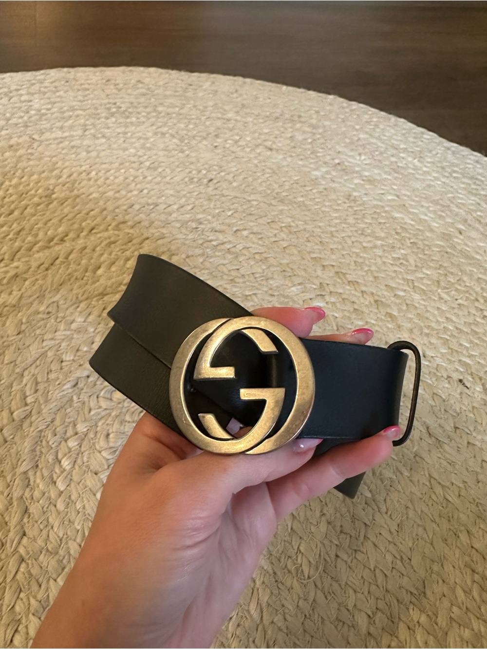Gucci Black Leather Belt with Gold Double G Buckle